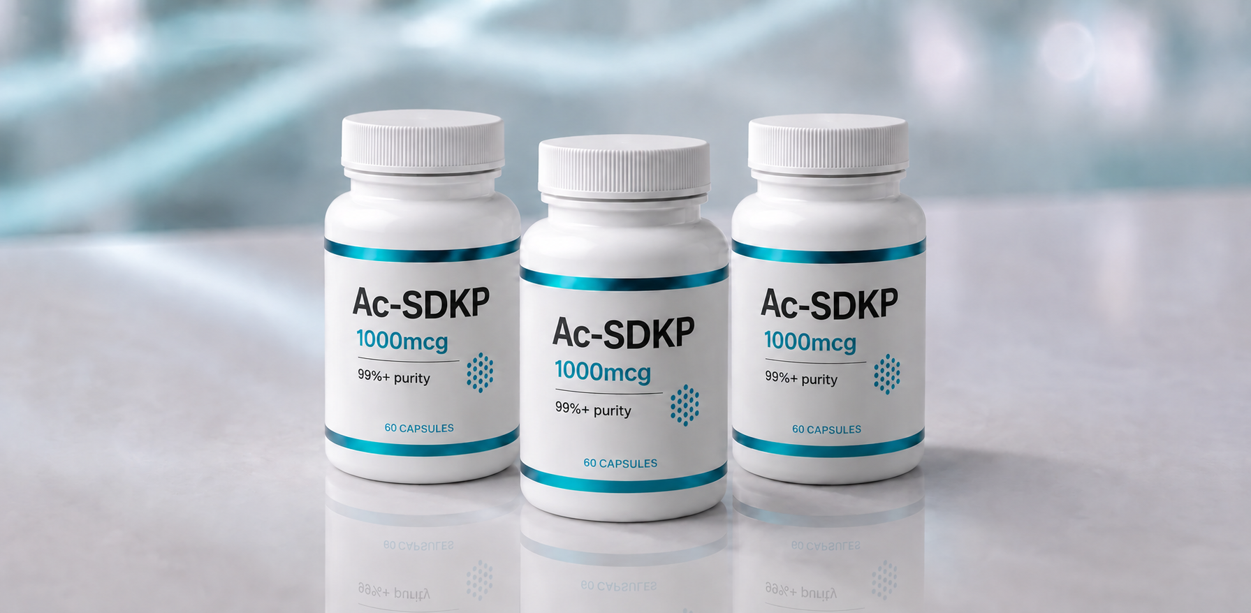A row of Ac-SDKP (TB-500 Fragment 1-4) research vials, mock product photograph