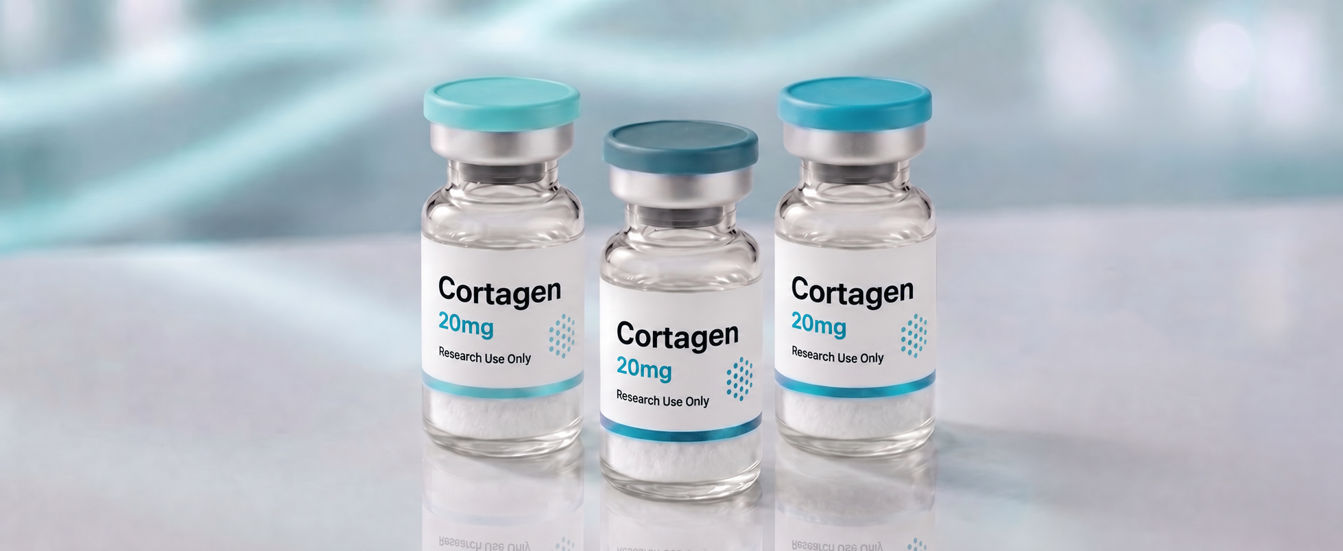 A row of Cortagen research vials, mock product photograph