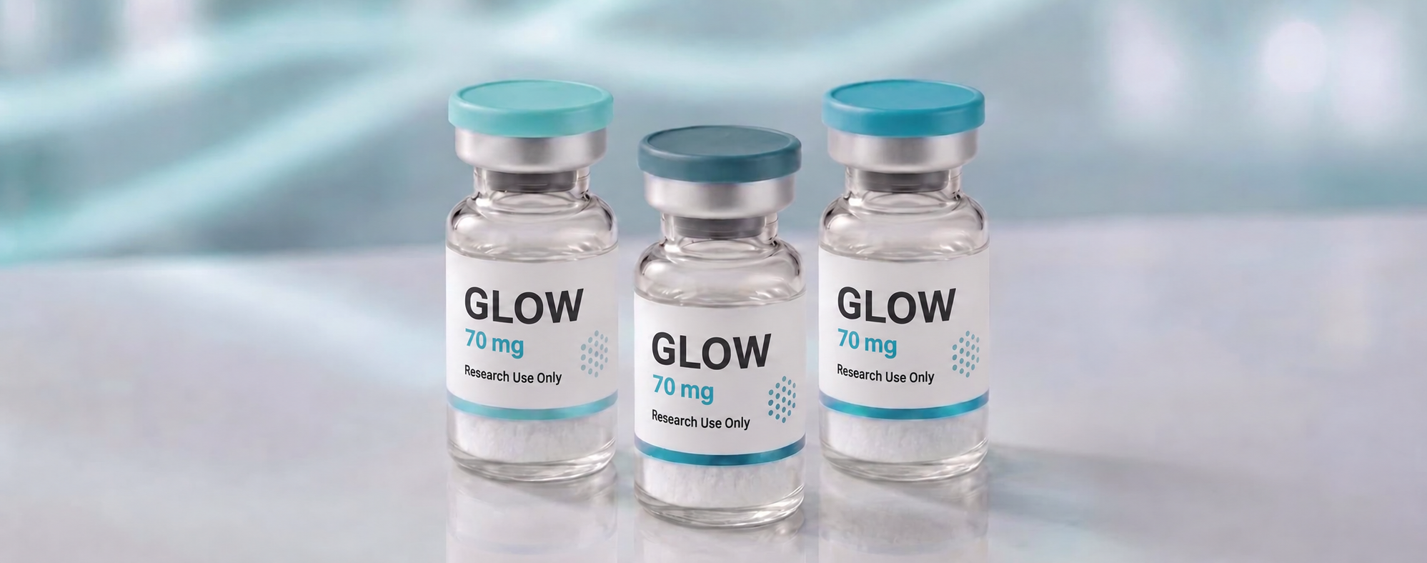 A row of GLOW blend research vials, mock product photograph