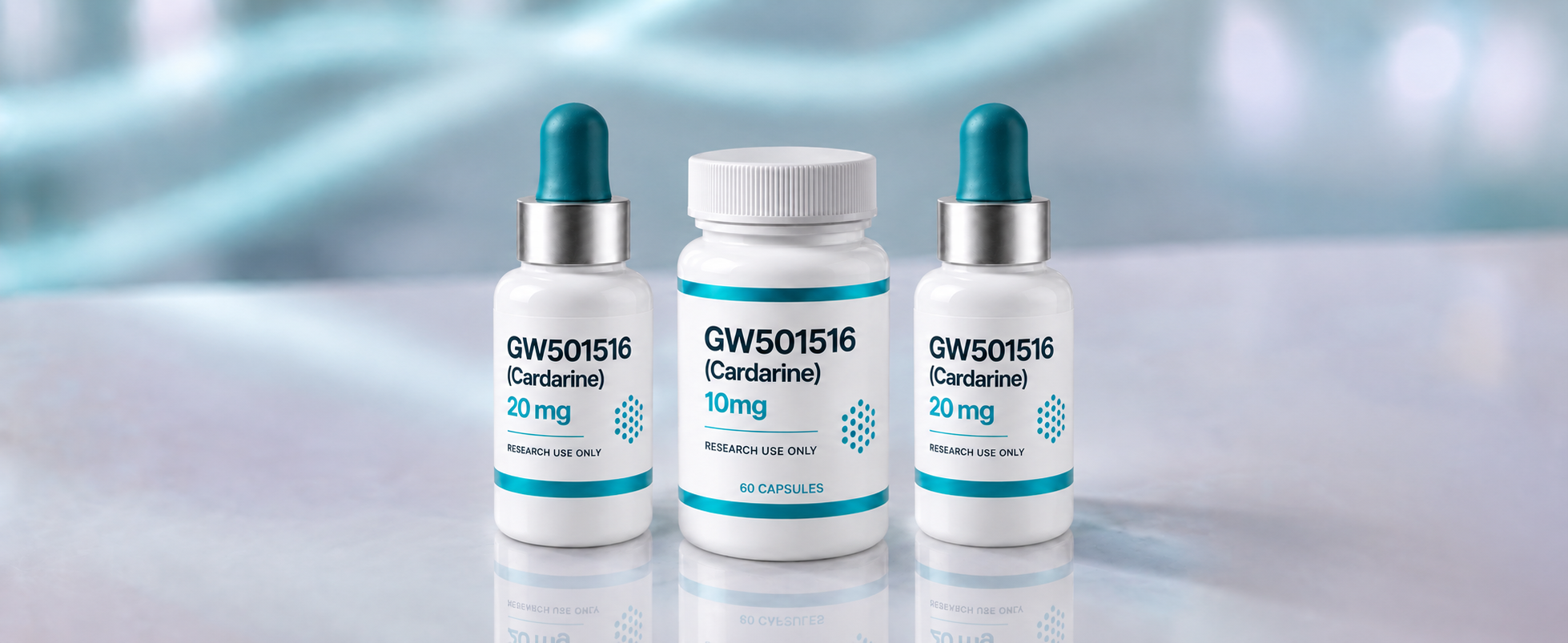 A row of GW501516 (Cardarine) research vials, mock product photograph