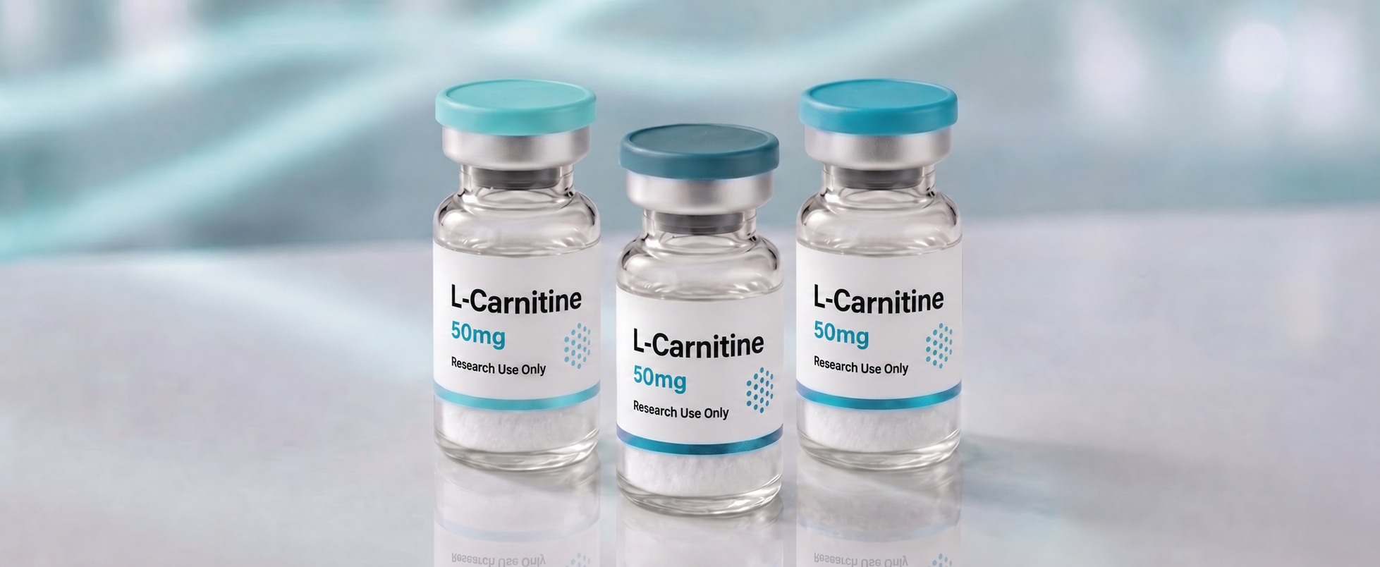 A row of L-Carnitine (Levocarnitine) research vials, mock product photograph