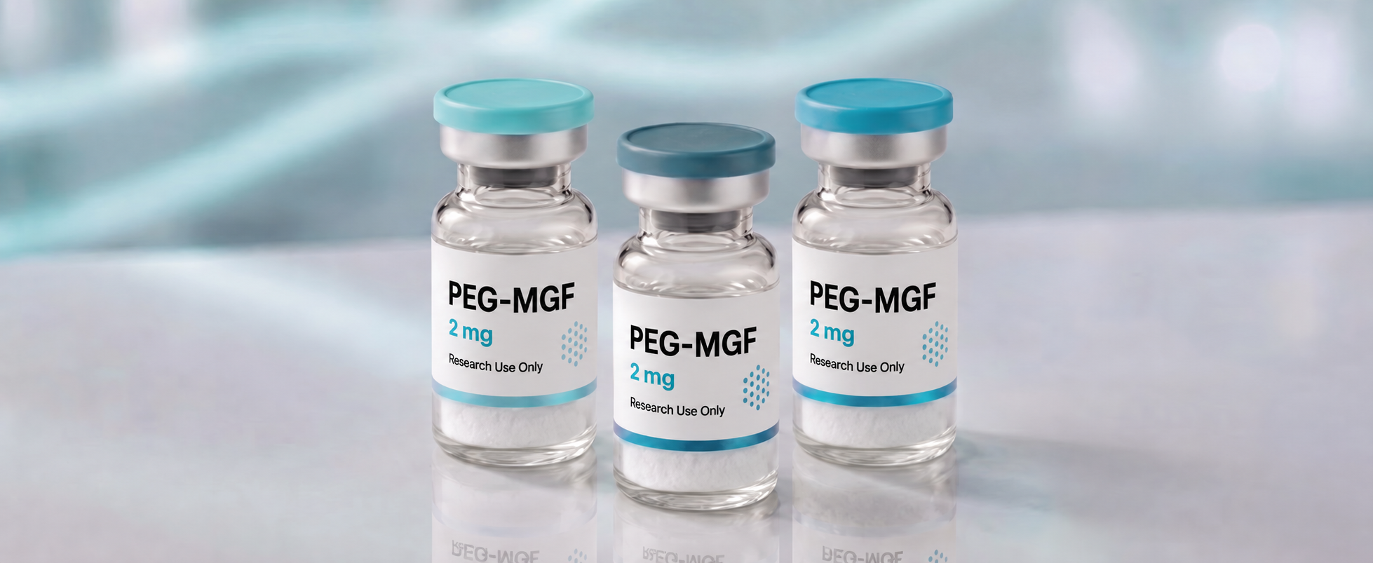 A row of PEG-MGF research vials, mock product photograph