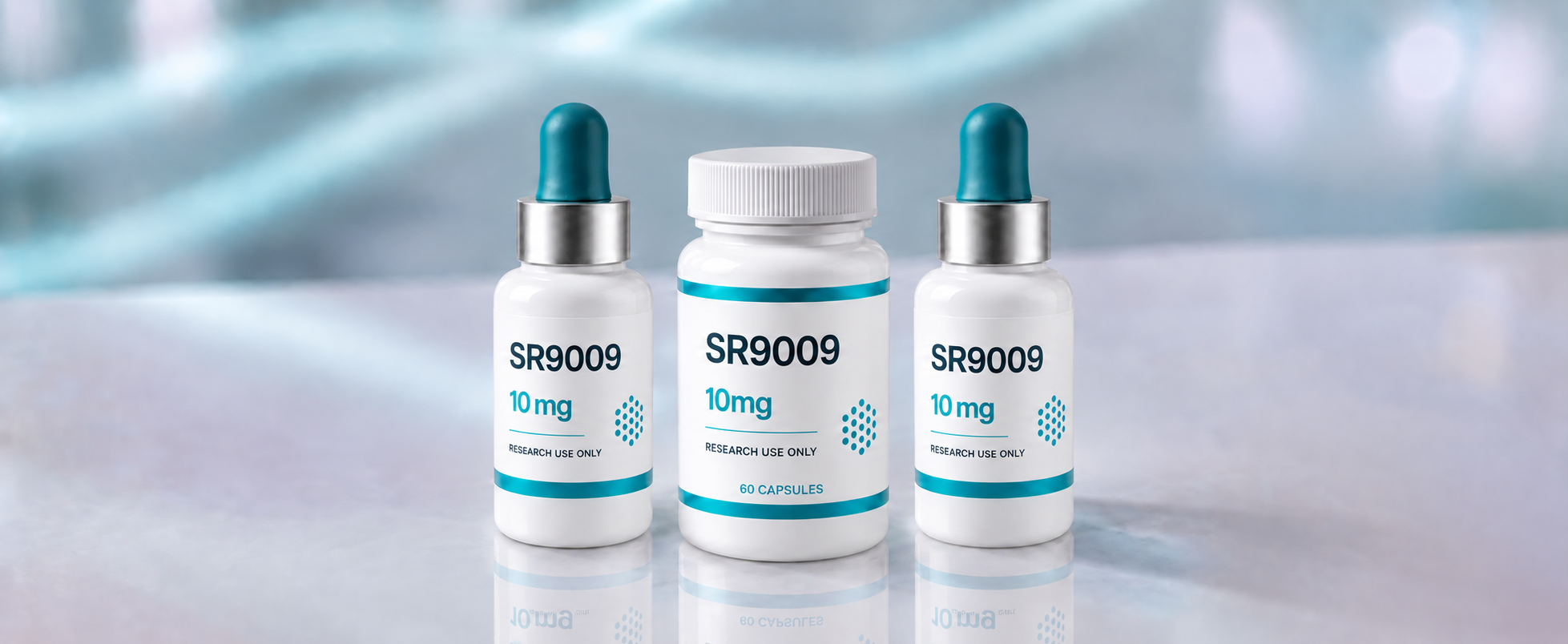 A row of SR9009 (Stenabolic) research vials, mock product photograph