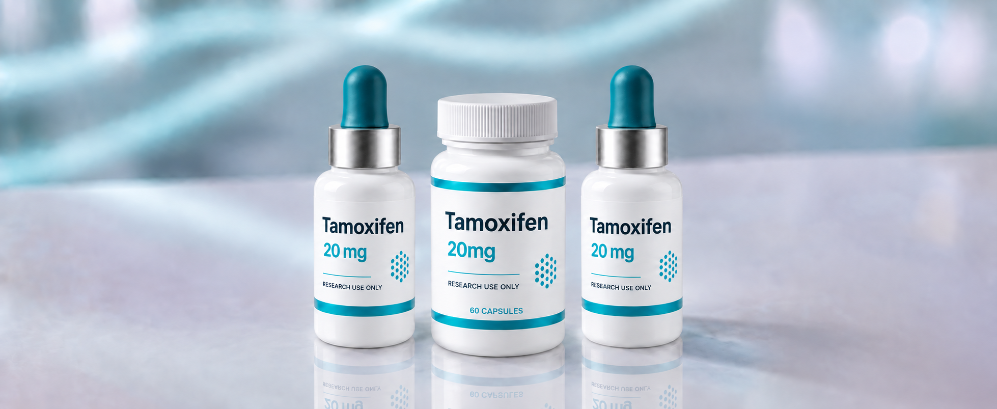 A row of Tamoxifen research vials, mock product photograph