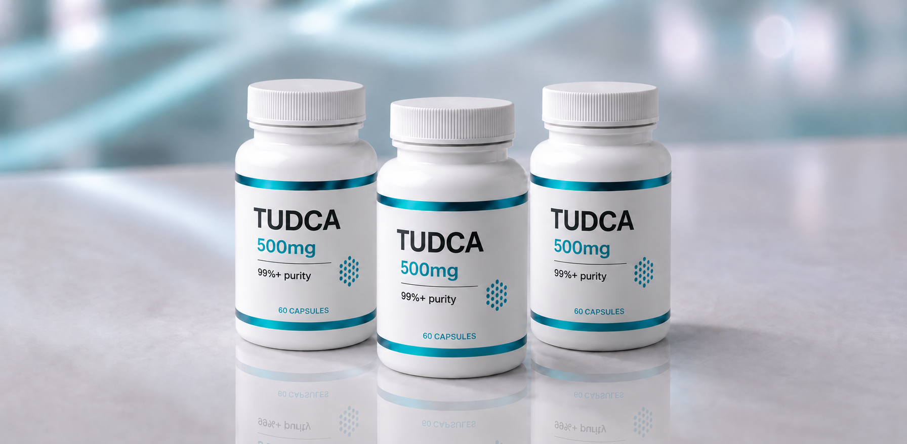 A row of TUDCA research vials, mock product photograph
