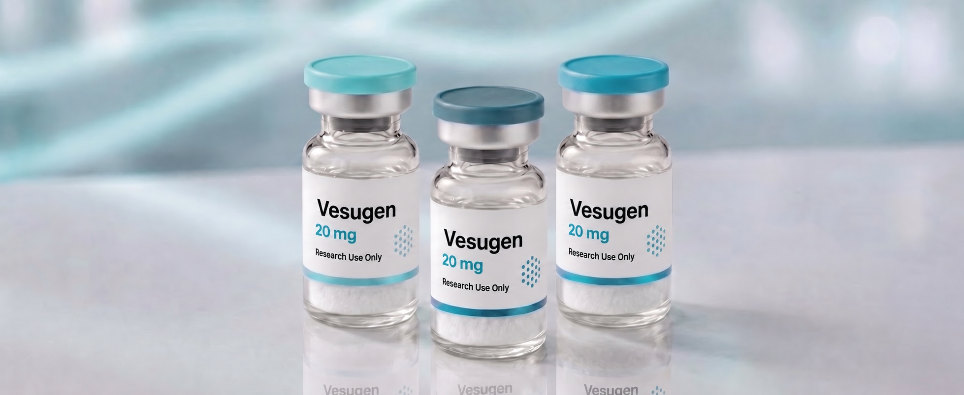 A row of Vesugen research vials, mock product photograph